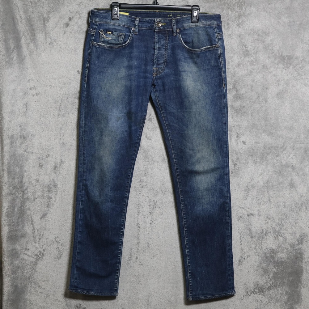 GAS Anders Slim Jeans Mens 35x32 Blue Distressed Button Fly Denim Whiskering